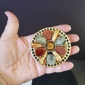Michal Golan Artisan Floral Gemstone Pearl Round Belt Buckle Gold Tone Statement